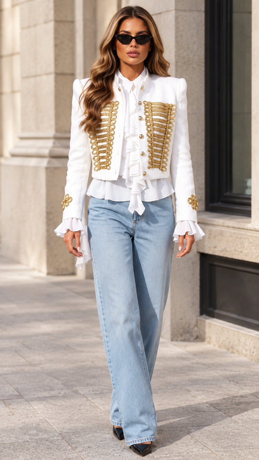 Front view of woman wearing white military braided tweed jacket with gold frogging and ruffles