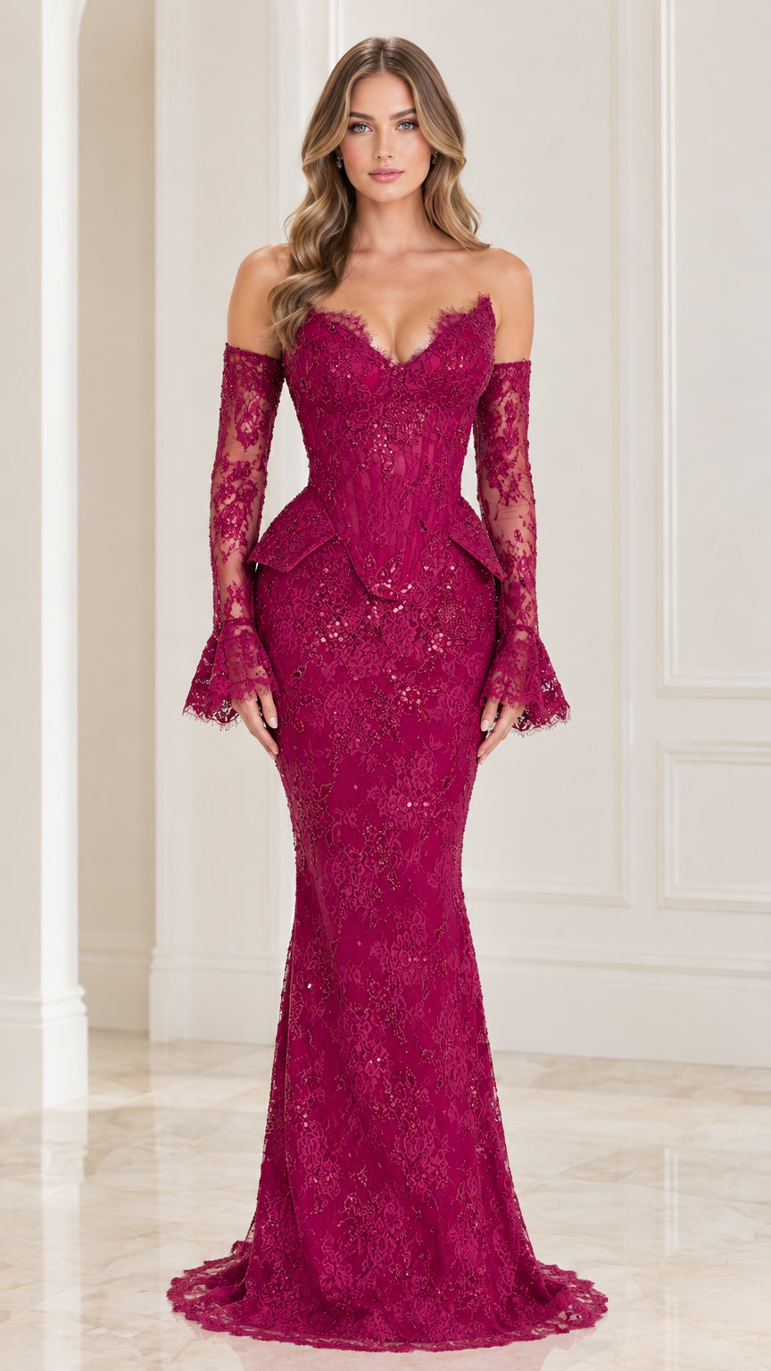 Front full-length view of woman wearing magenta off-shoulder lace mermaid gown with peplum waist