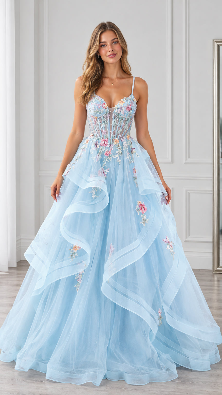 Front full view of light blue floral appliqué corset ball gown with tiered ruffle skirt