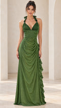 Olive green glitter halter maxi dress front view on model