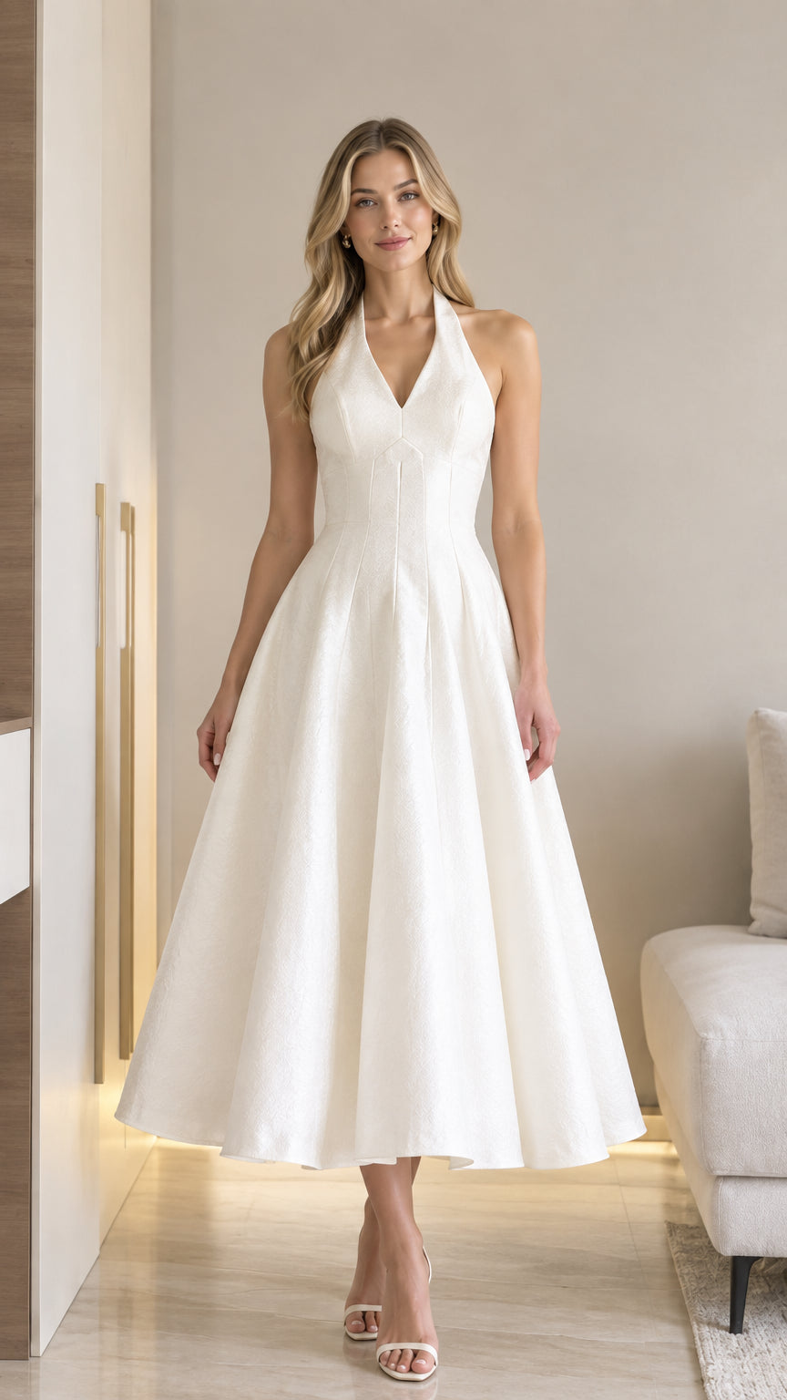 Front view of model wearing white halter V-neck jacquard A-line midi dress