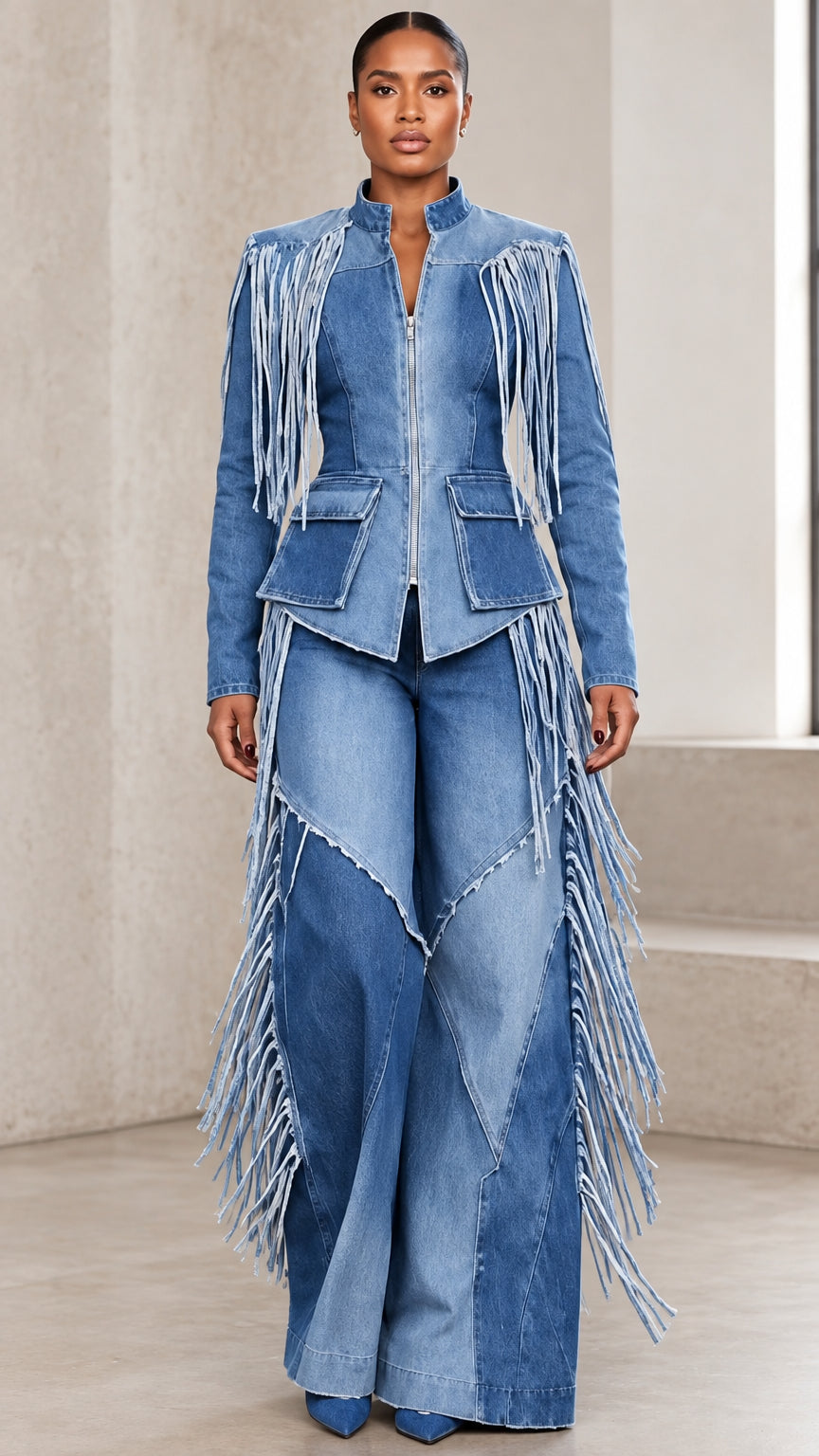 Front view of model wearing blue fringe denim zip jacket and patchwork wide leg pants set