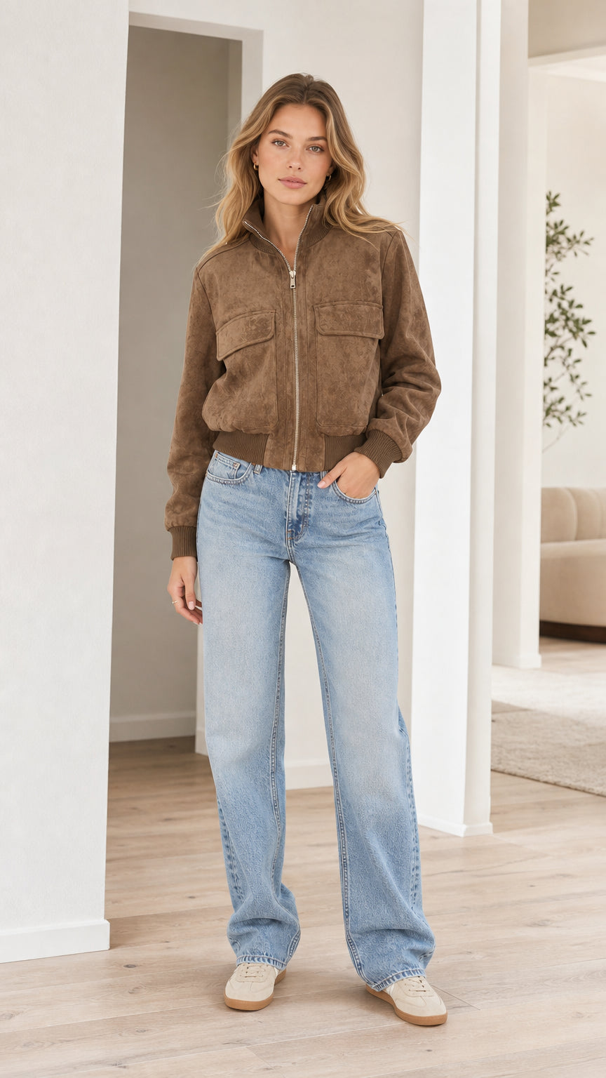 Front view of model wearing brown faux suede zip-up bomber jacket with light blue jeans