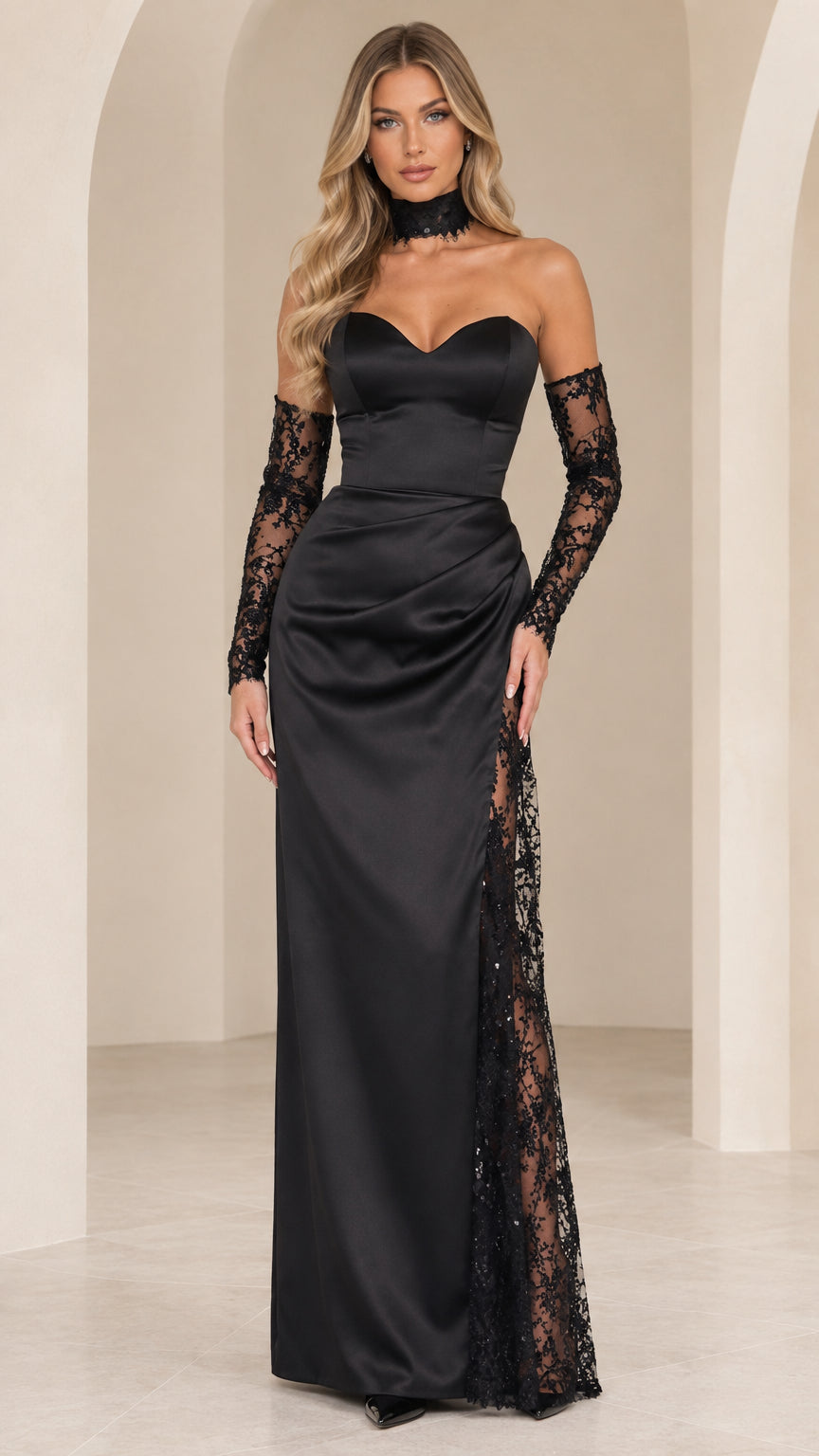 Front view of black strapless satin evening gown with lace side insert and lace opera gloves