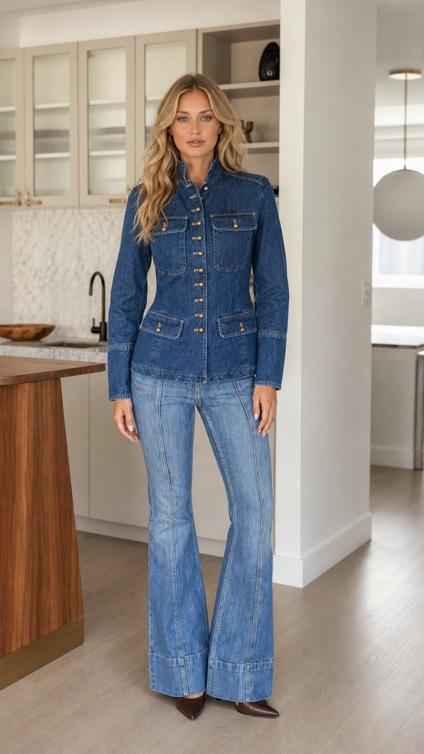 Front view of model wearing military-inspired denim blue jacket with flare jeans