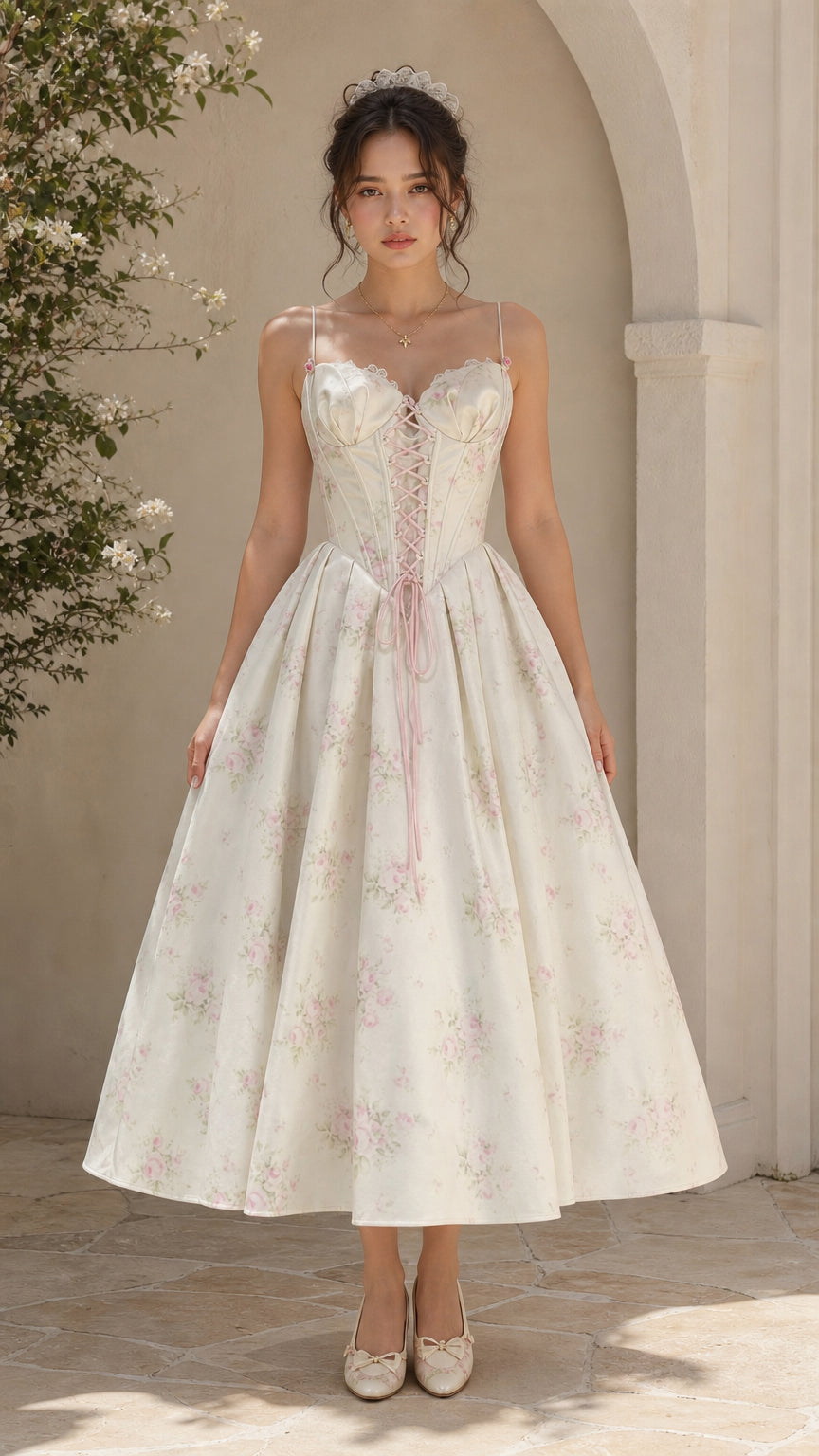 Ivory floral corset midi dress front view on model