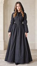 Front full-length view of hooded maxi puffer ball gown coat in black