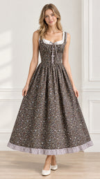 Front full view of brown vintage floral lace-up corset maxi dress