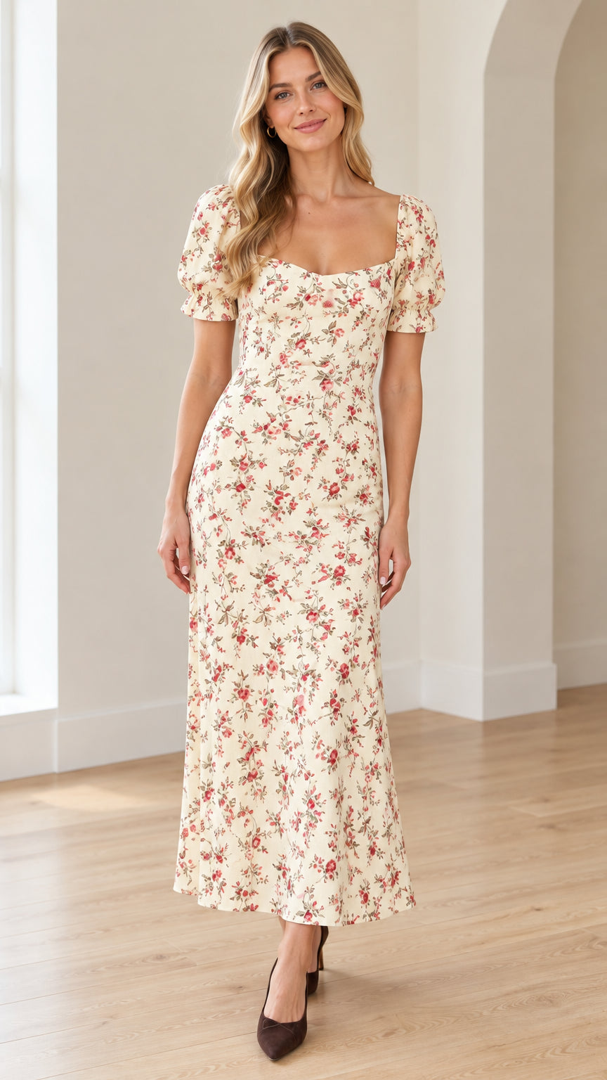 Cream floral sweetheart neckline puff sleeve maxi dress front view on model