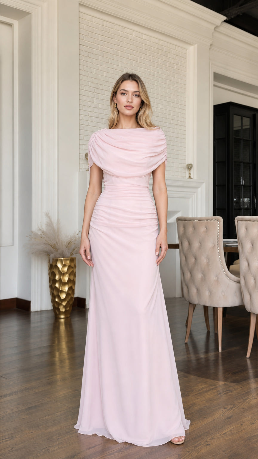 Full front view of blush pink draped cowl neck ruched maxi evening gown