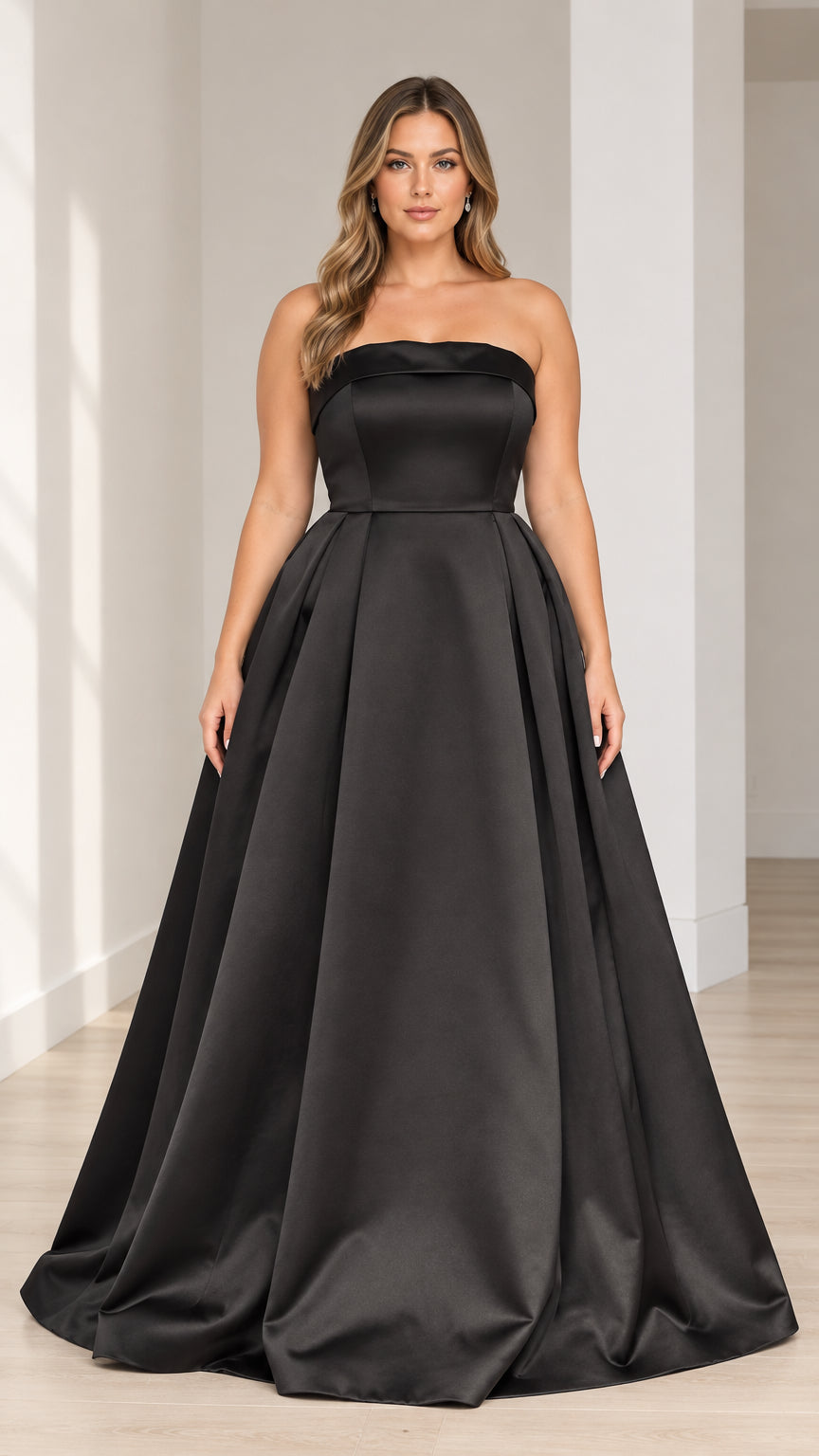 Full front view of black strapless satin pleated maxi ball gown on model