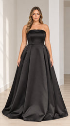 Full front view of black strapless satin pleated maxi ball gown on model