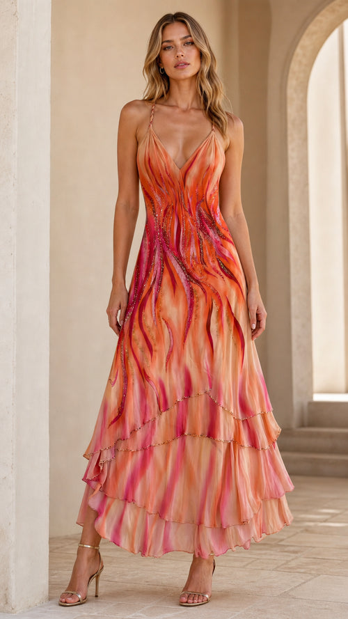 Front view of woman wearing Sunset Orange abstract print tiered maxi dress with V-neckline