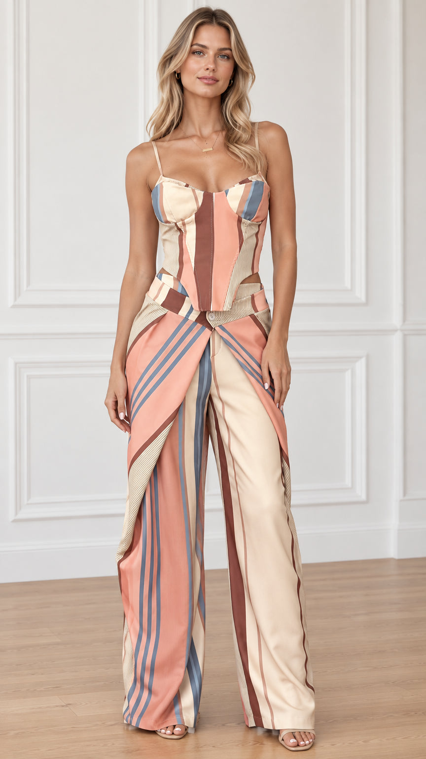 Front full view of woman wearing Beige Multicolor striped corset cami top and draped wide-leg pants set