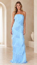 Front full-length view of model wearing sky blue strapless tiered fringe maxi dress