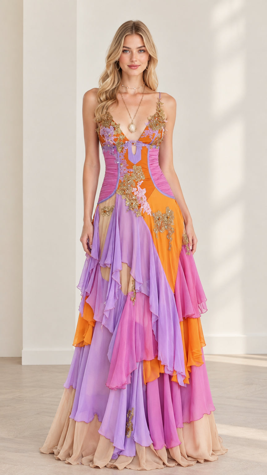 Full front view of model wearing multicolor floral embroidered tiered ruffle maxi dress