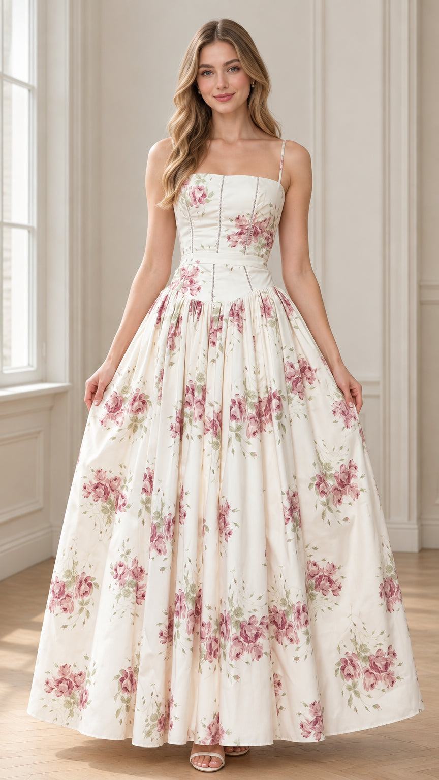 Front view of model wearing cream floral corset bodice maxi dress with spaghetti straps