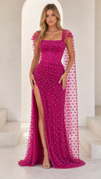 Fuchsia Pink sequined square neck evening gown with cape wings and thigh slit - front view