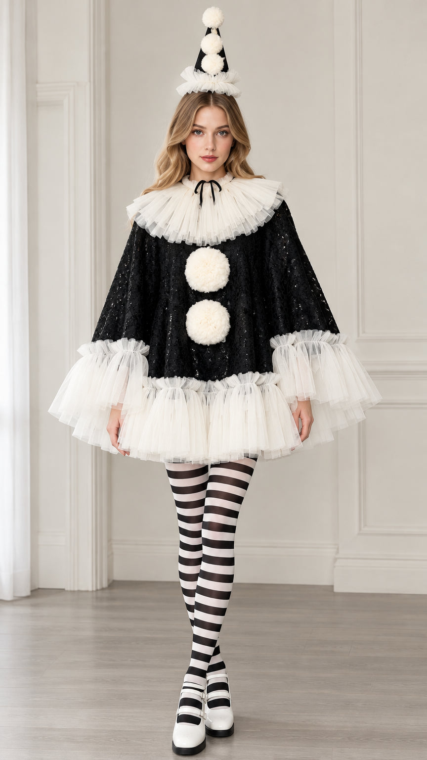 Full front view of model wearing black sequin clown cape costume with tulle collar, pom-poms, matching hat, and striped tights