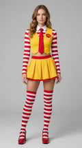 Full front view of model wearing yellow clown cosplay uniform set with striped sleeves and socks