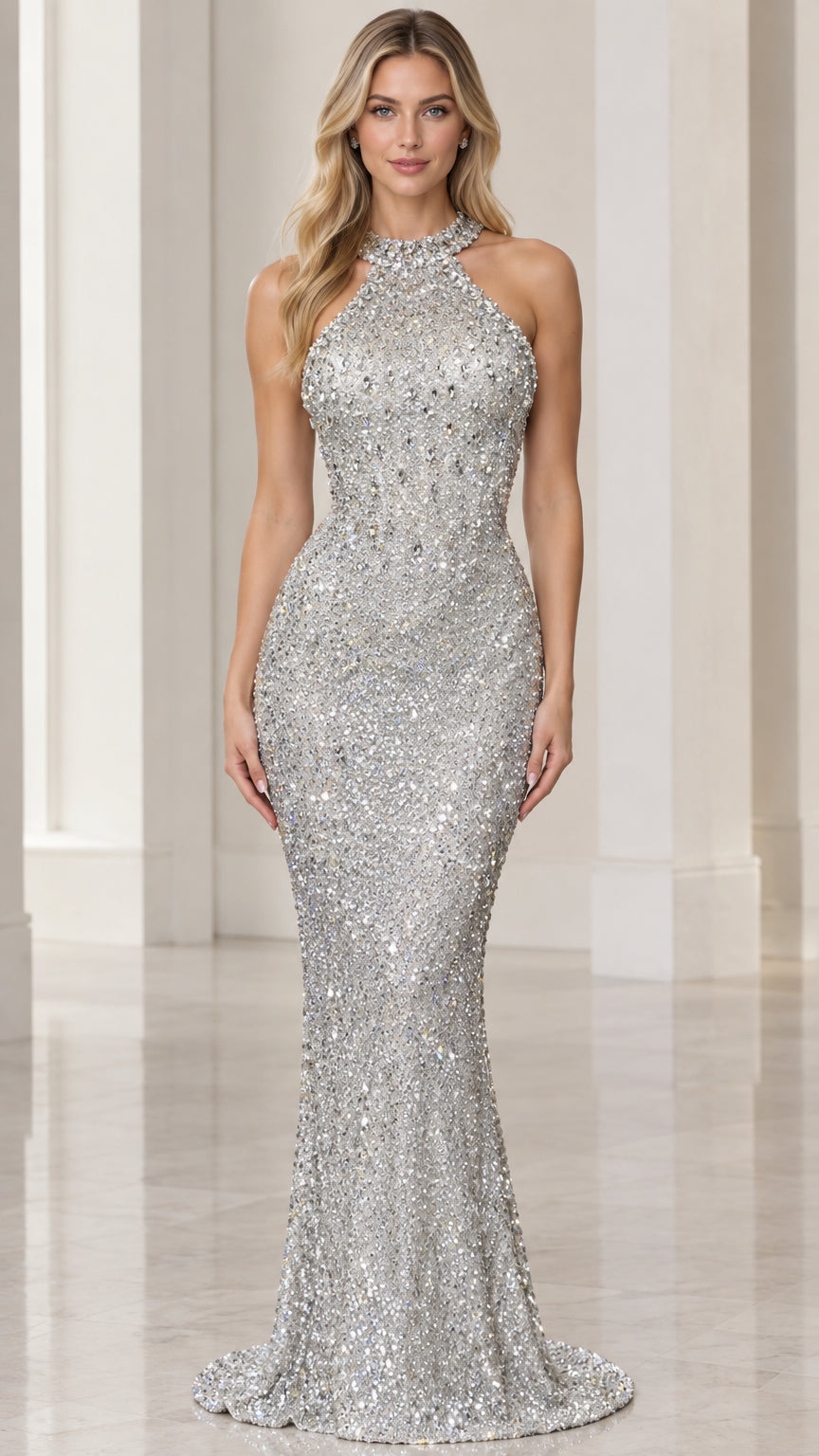 Full front view of a model wearing a silver halter neck sequin mermaid gown