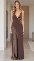 Front view of model wearing chocolate brown deep V-neck satin patchwork maxi dress