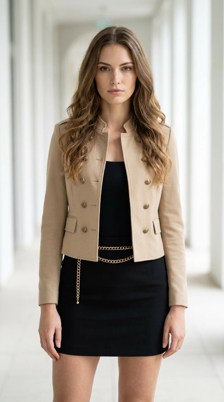 Front view of model wearing beige cropped military jacket with stand collar and black mini dress