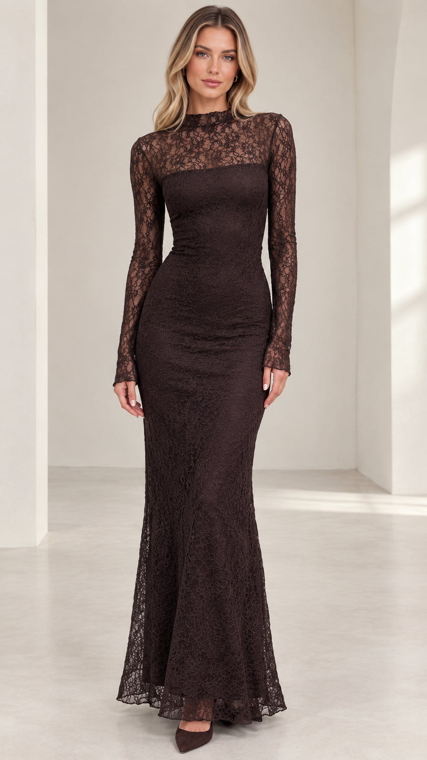 Front view of woman wearing dark brown high neck long sleeve lace maxi evening dress