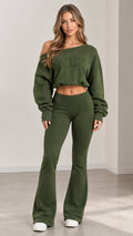 Front full-body view of women's off-shoulder cropped sweatshirt and flared pants set in army green