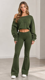Front full-body view of women's off-shoulder cropped sweatshirt and flared pants set in army green