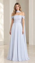 Front view of model in light blue off-the-shoulder chiffon evening dress with neck scarf
