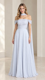 Front view of model in light blue off-the-shoulder chiffon evening dress with neck scarf