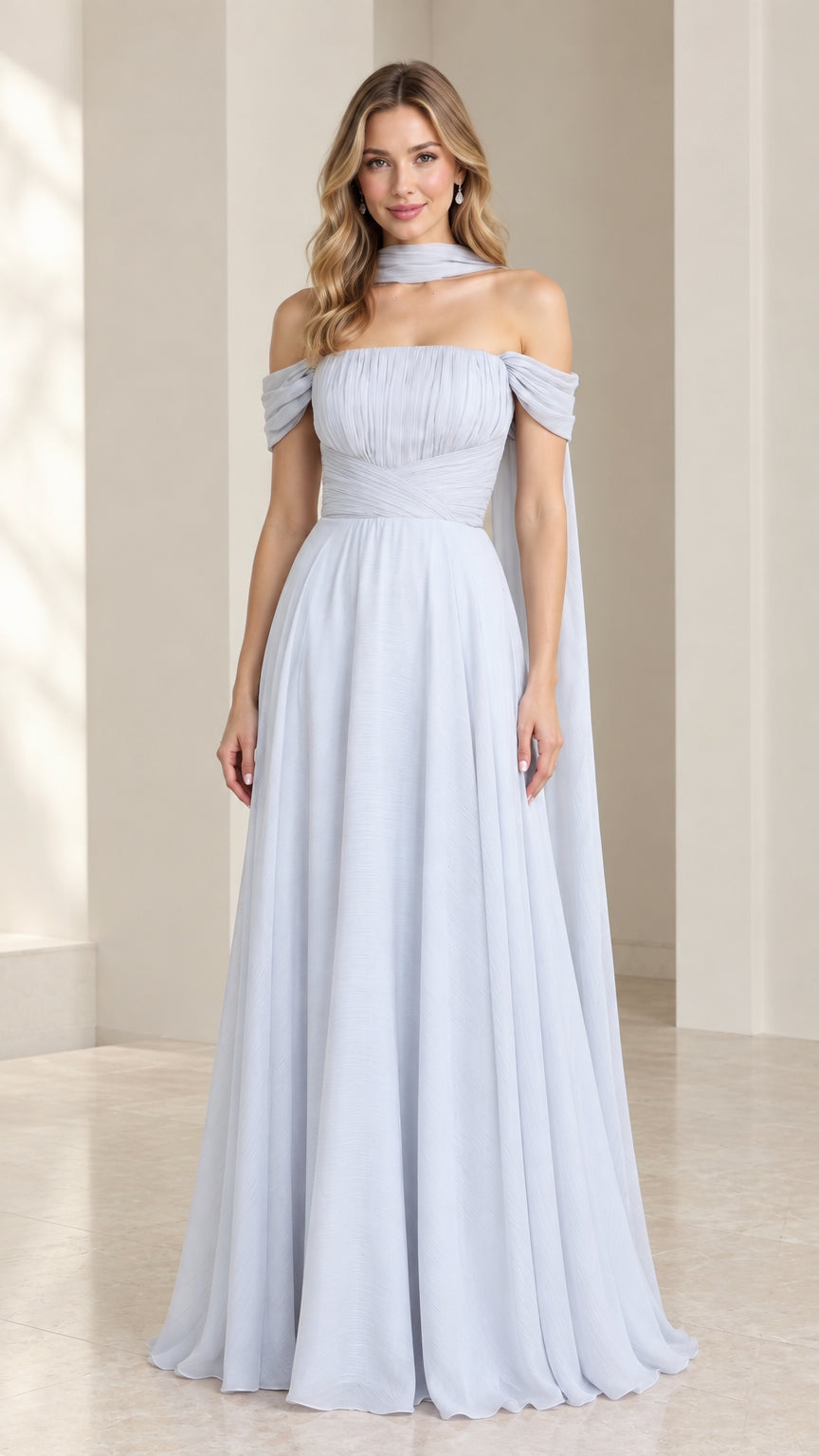 Front view of model in light blue off-the-shoulder chiffon evening dress with neck scarf