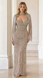 Front view of champagne crystal embellished sweetheart evening gown with beaded fringe capelet