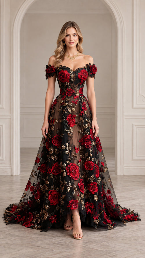 Full front view of black off-the-shoulder ball gown with red 3D roses and gold embroidery