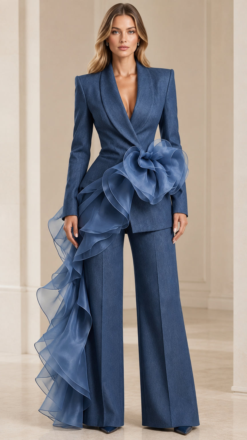 Front view of model wearing dusty blue tailored blazer with cascading side ruffle and wide-leg trousers