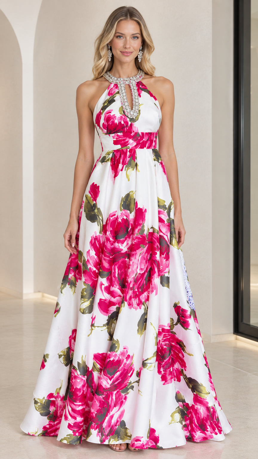 Front view of model wearing white floral print halter neck evening gown with rhinestone neckline