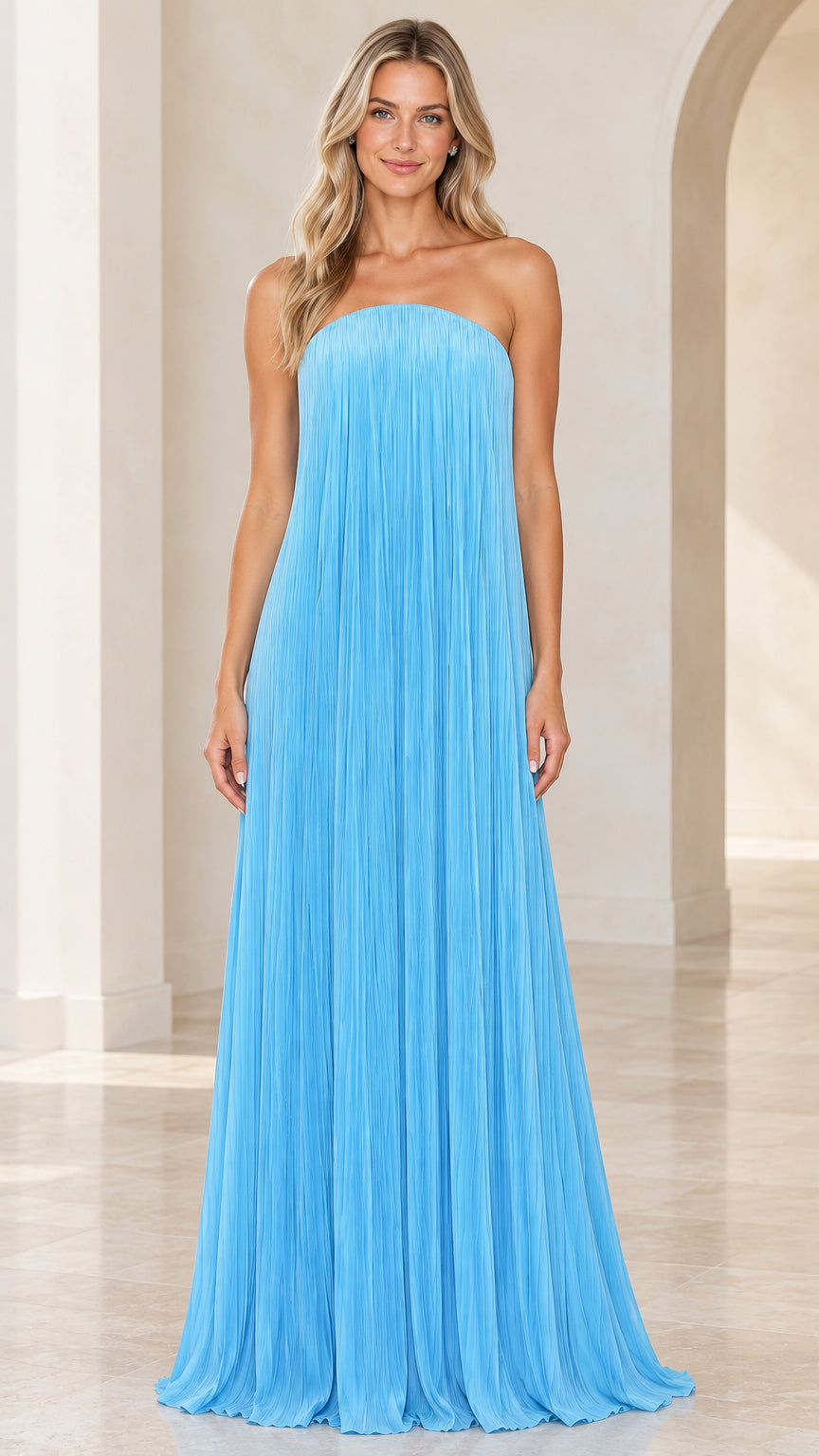 Front full-length view of woman wearing strapless sky blue pleated maxi dress