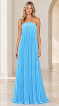 Front full-length view of woman wearing strapless sky blue pleated maxi dress