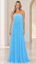 Front full-length view of woman wearing strapless sky blue pleated maxi dress