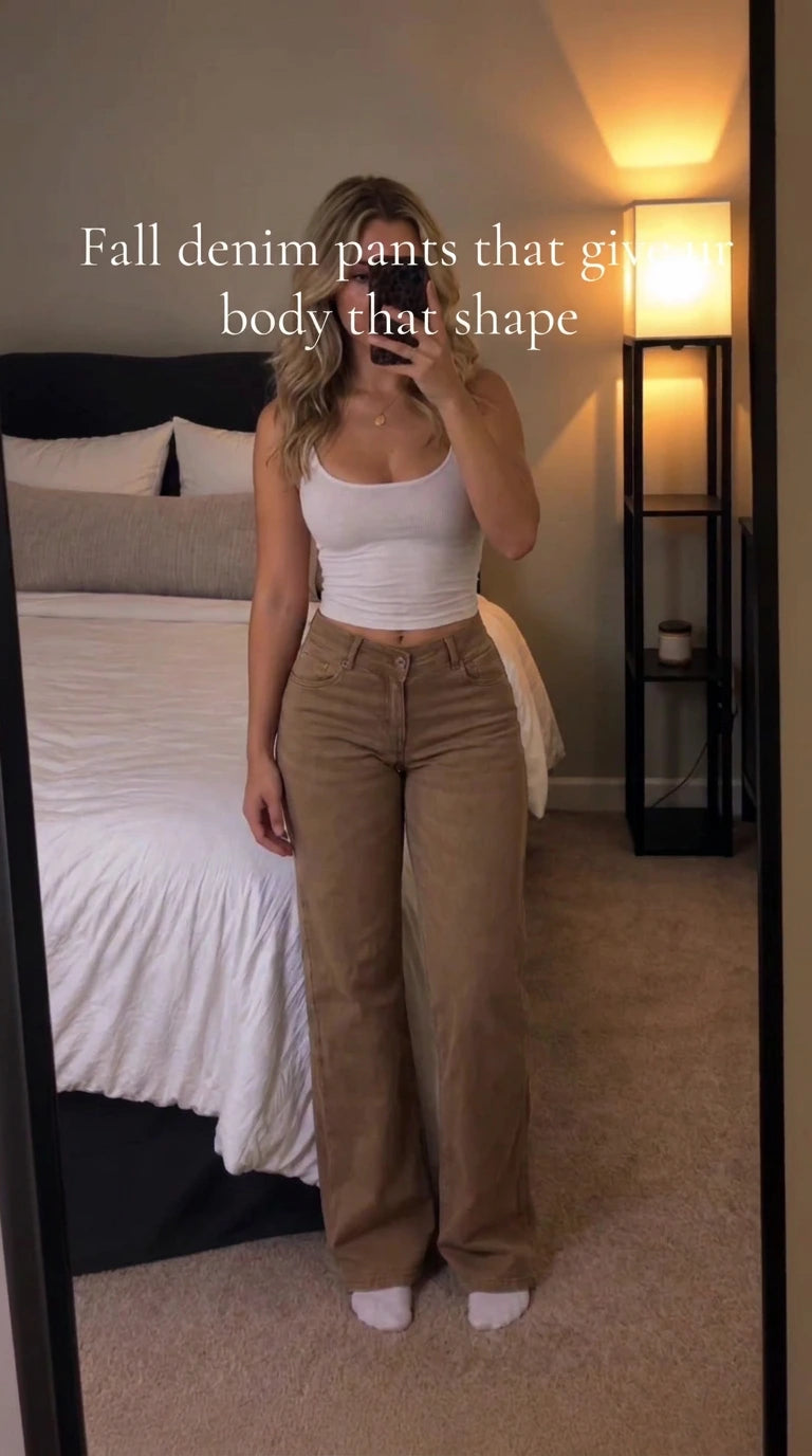 Front full-length view of woman wearing khaki brown high-waisted wide-leg denim pants