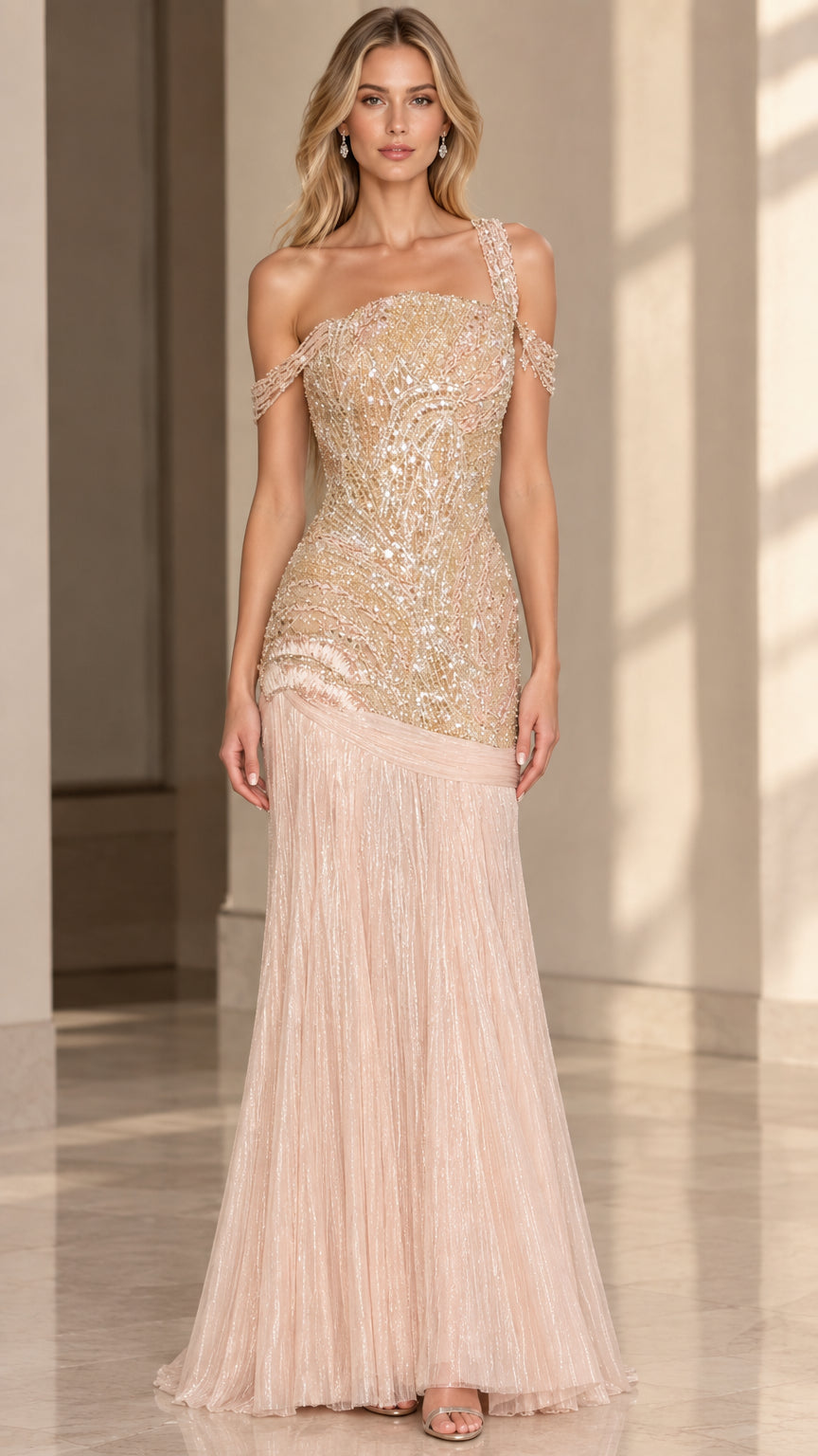 Front view of model wearing Blush Pink asymmetrical beaded one-shoulder evening gown with pleated skirt