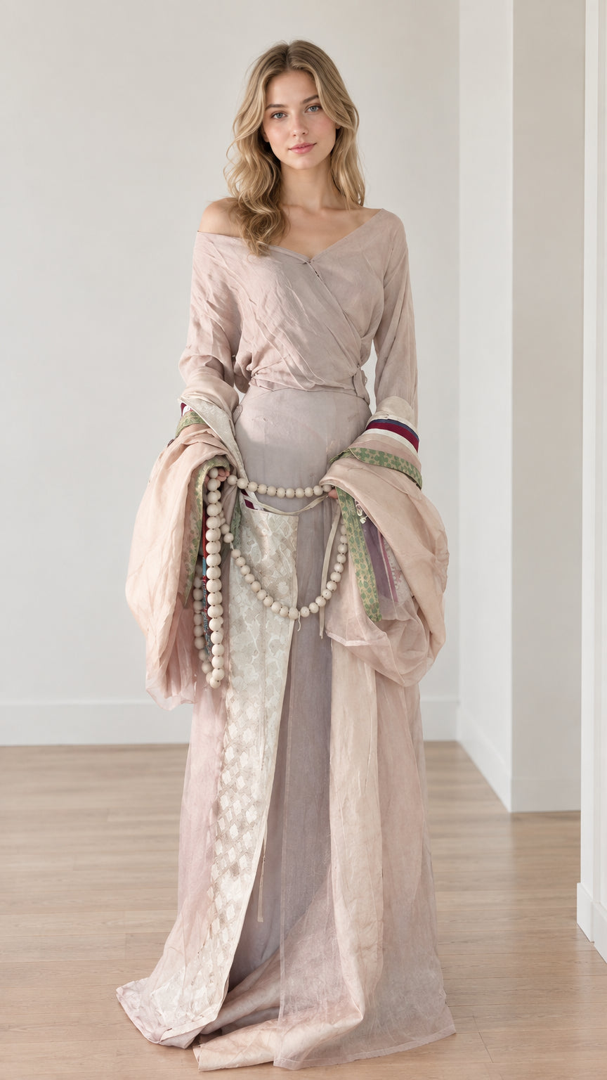 Front view of woman wearing dusty pink medieval fantasy maxi dress with draped sleeves