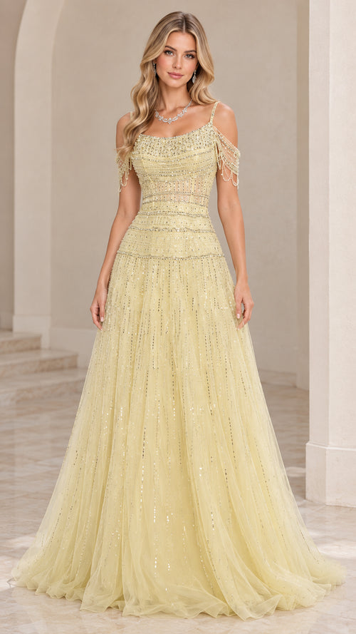 Front view of light yellow beaded cold-shoulder A-line evening gown