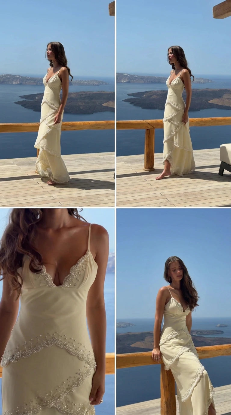 Ivory pearl-embellished scalloped tiered cami maxi dress modeled outdoors