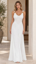 Front full view of woman wearing white sleeveless maxi dress with gold hardware strap links