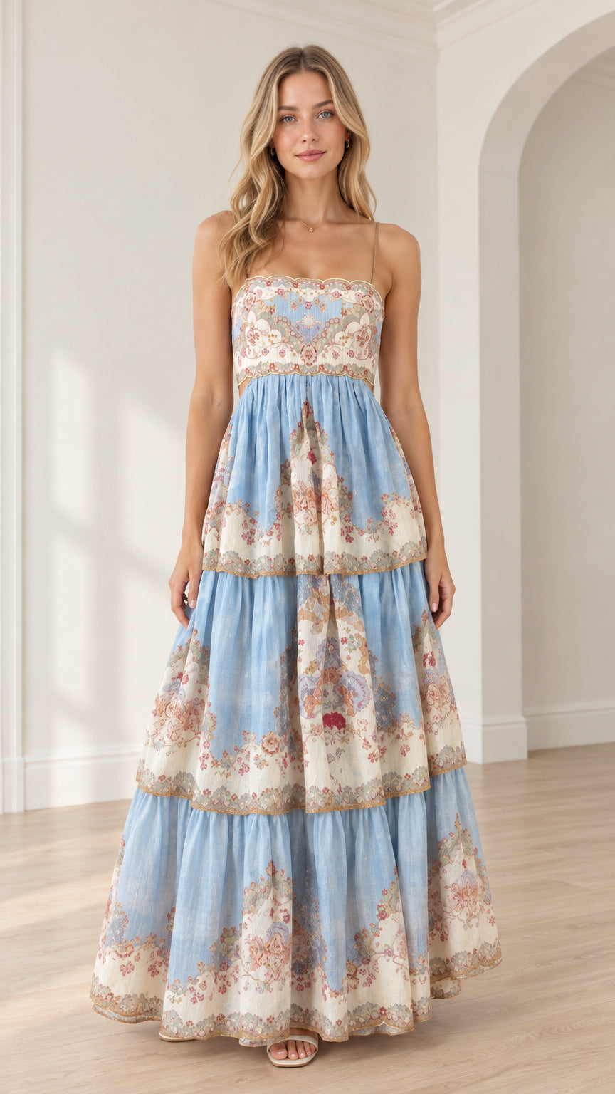 Front view of model wearing a light blue vintage floral tiered cami maxi dress
