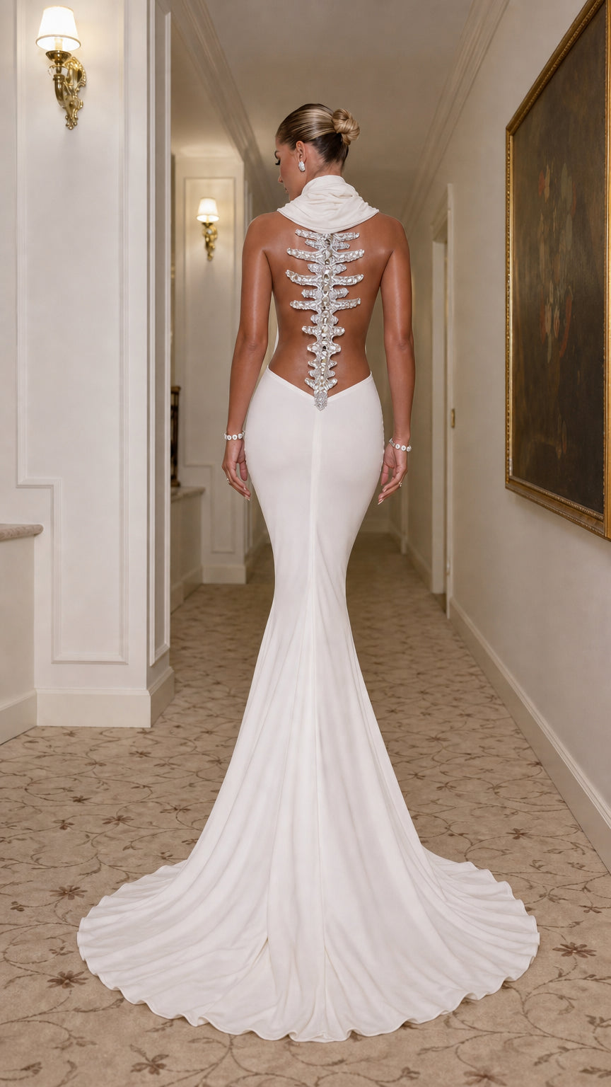 Rear view of model wearing white high neck backless mermaid gown with crystal spine applique and train