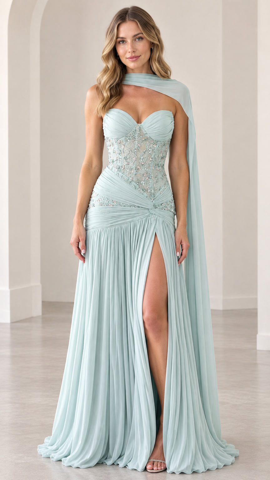 Front full view of mint green strapless evening gown with beaded corset bodice and neck scarf drape