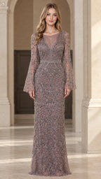 Front full view of woman wearing embellished mauve long bell sleeve evening gown